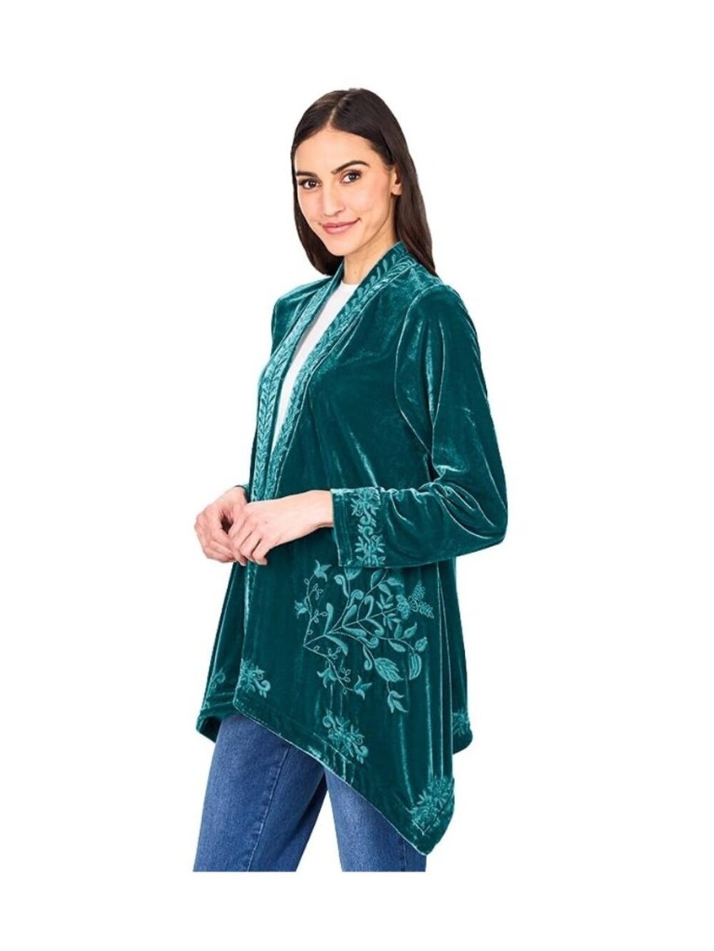 Women's Embroidered Velvet Open Front Cardigan